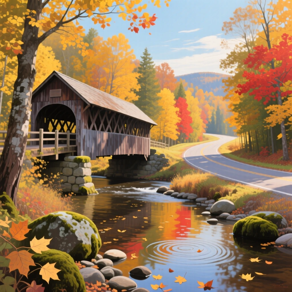 A golden autumn forest in Vermont lines a winding country road, a covered bridge crossing a shallow creek, fallen leaves drifting slowly onto the water's rippling surface, the composition balancing a wide sweeping view with intimate, carefully observed foreground detail.