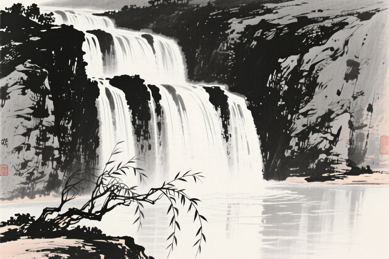 a series of cascading falls stepping down a cliff, with willow branches trailing into the water.