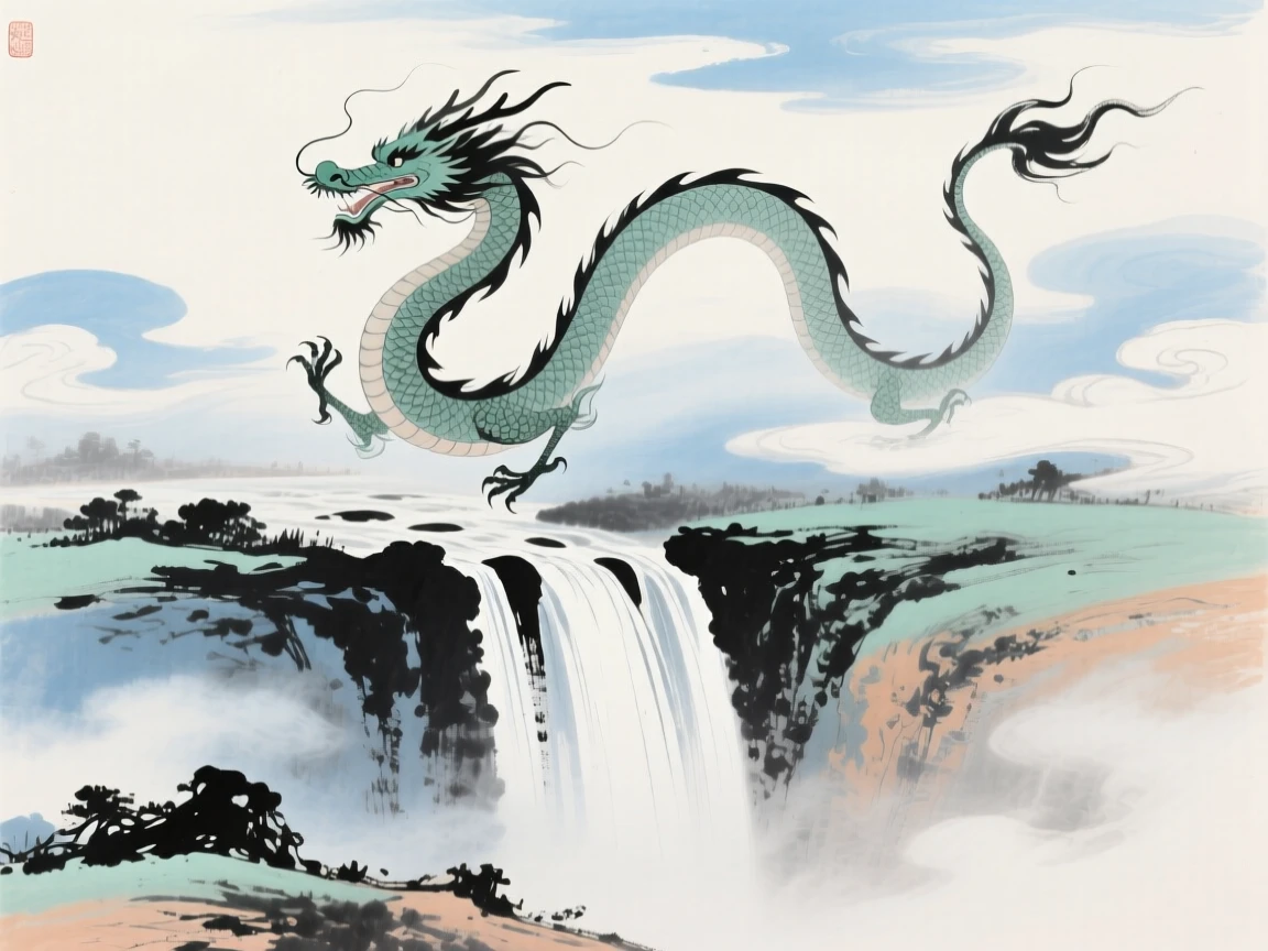 A jade dragon curling above a waterfall that seems to fall from the sky, in the mild days of early winter, under drifting clouds, through swirling morning fog.