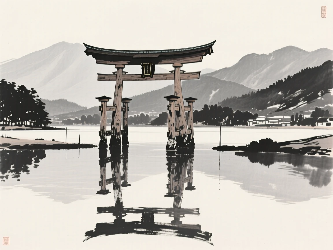 A weathered wooden temple gate against a backdrop of distant mountains, seen from across still water, reflected on the surface, conveying quiet reverence for the past.