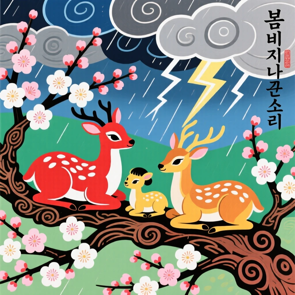 A family of deer resting on a blossoming plum branch, during a summer thunderstorm passing in the distance.