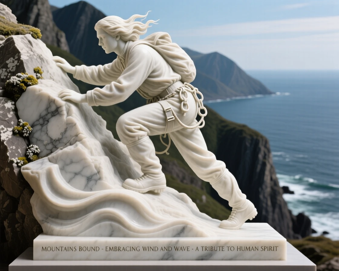 A tender portrait of a mountain climber, mid-stride, hair caught by the wind, on a windswept cliff overlooking the sea, evoking warmth and humanity