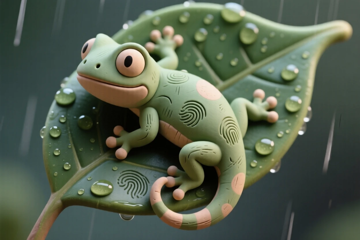 A gecko clinging to a rain-speckled leaf, eyes wide and curious