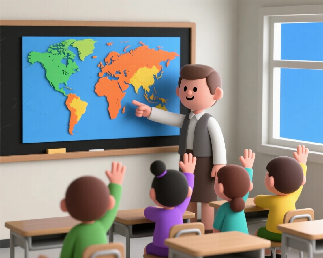 A young school teacher points enthusiastically at a colorful world map, a classroom of eager children raising their hands.