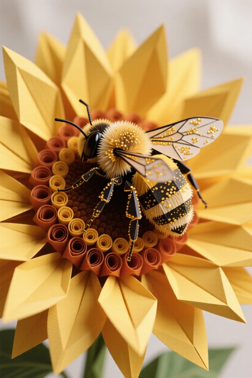 A bumblebee dusted in golden pollen resting on a sunflower's center, petals radiating outward in the frame.