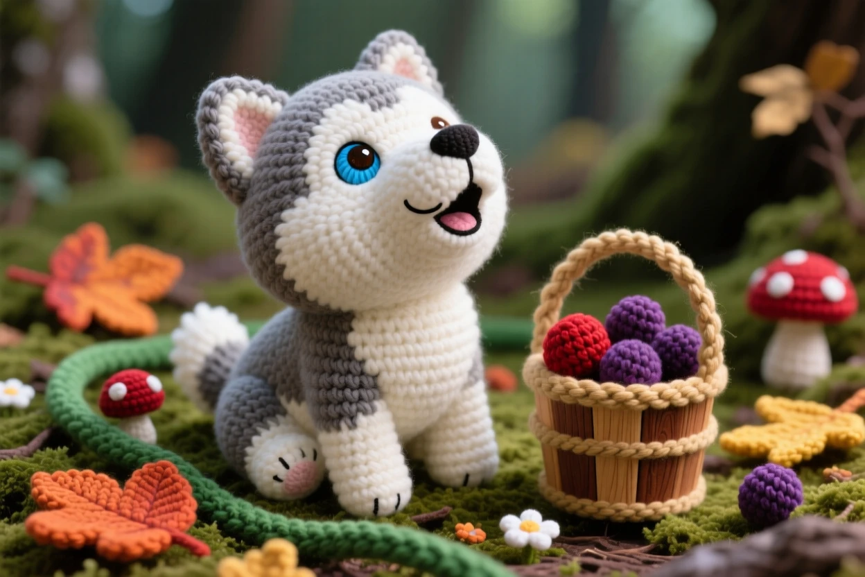 a fluffy husky puppy with mismatched blue and brown eyes is shown howling softly with its head tilted up within a mossy forest floor covered in fallen leaves, accompanied by a small wooden bucket half filled with berries, capturing a peaceful, drowsy calm settling over the scene.