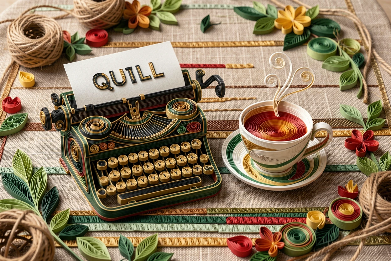 a vintage typewriter beside a cup of tea, on a linen tablecloth set for a garden party, arranged with rustic textures adding warmth, in a fresh palette of green, red, and gold.