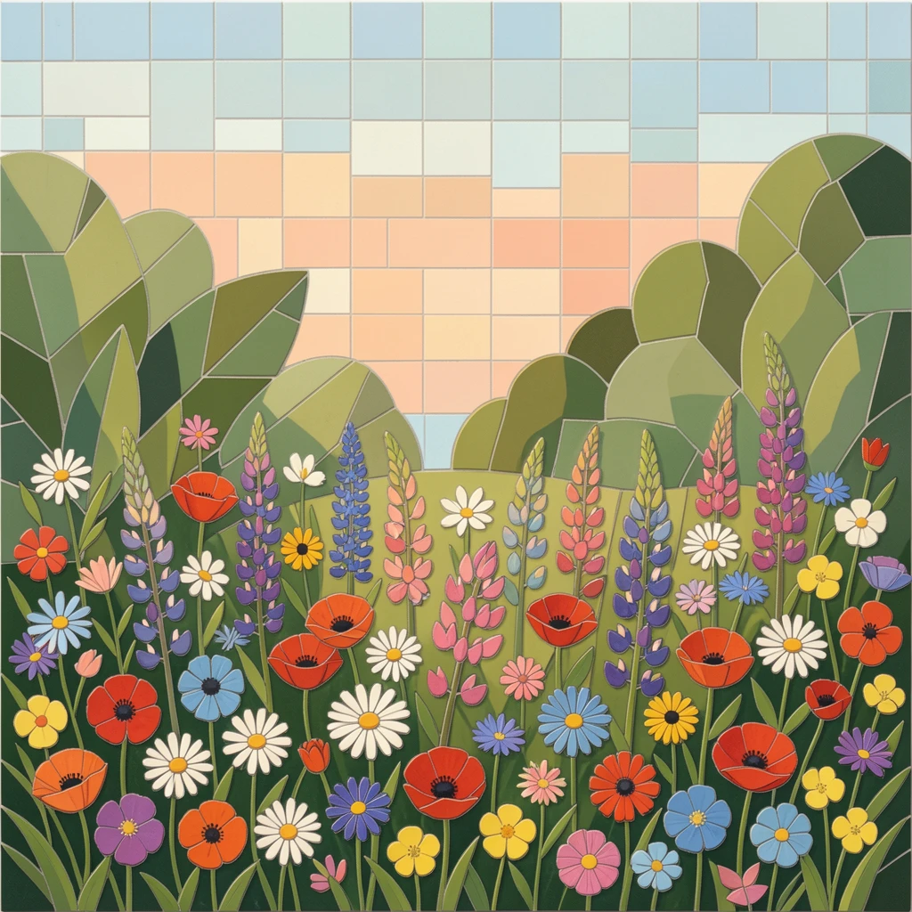 A cottage garden overflowing with colorful mixed wildflowers, with soft morning light and a gentle blur of background greenery.