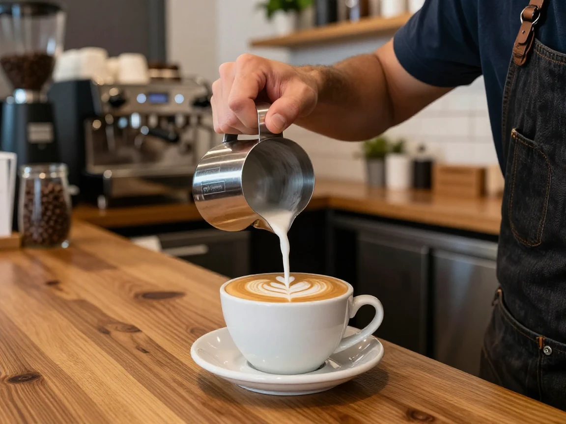 A barista pouring latte art into a ceramic cup