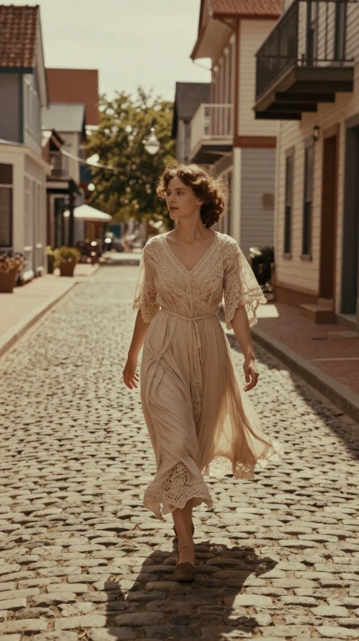 A woman in a flowing vintage dress walking along a cobbled street, in gentle diffused daylight, with a soft breeze stirring the air, during the long days of summer, dominated by warm amber and rust tones, from a slightly elevated vantage point.