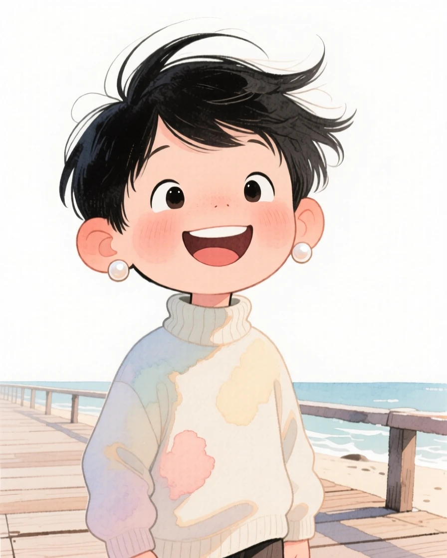 A little boy with flowing black hair caught in the wind, beaming with joy, wearing a soft turtleneck sweater and wearing statement pearl earrings, on a breezy seaside boardwalk