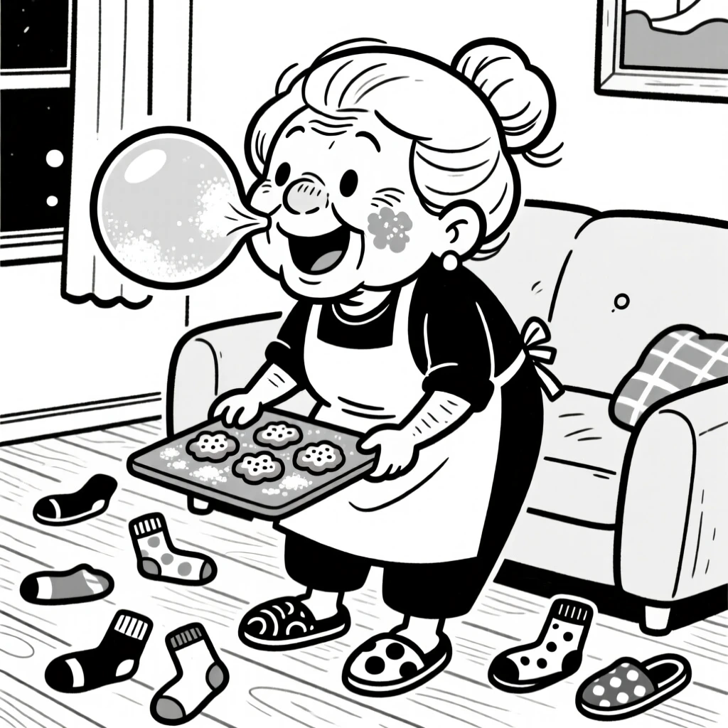 A grandmother baking cookies with flour on her cheek, blowing a giant bubblegum bubble, set in a cozy living room with mismatched socks scattered on the floor. Mismatched slippers peek out from under the couch. It's a small, ordinary moment that feels quietly precious.