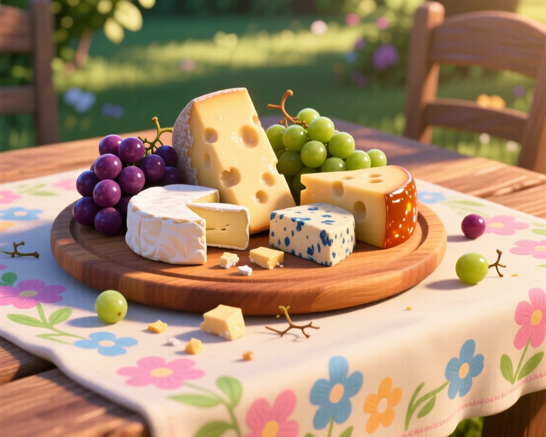 A wooden board of assorted cheeses and grapes sits on a tablecloth decorated with fresh flowers, with a few crumbs scattered artfully around. A cheerful, mouthwatering warmth surrounds the dish.