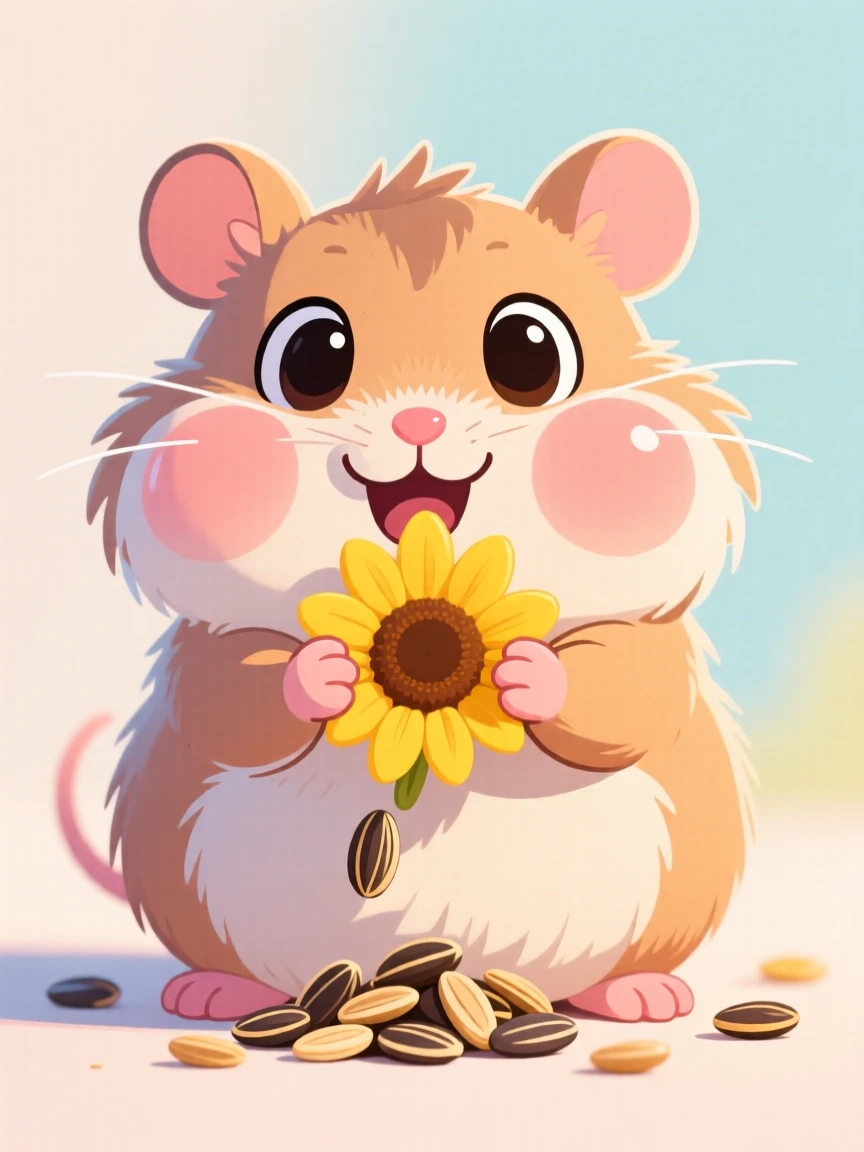 A hamster stuffing its cheeks with sunflower seeds.