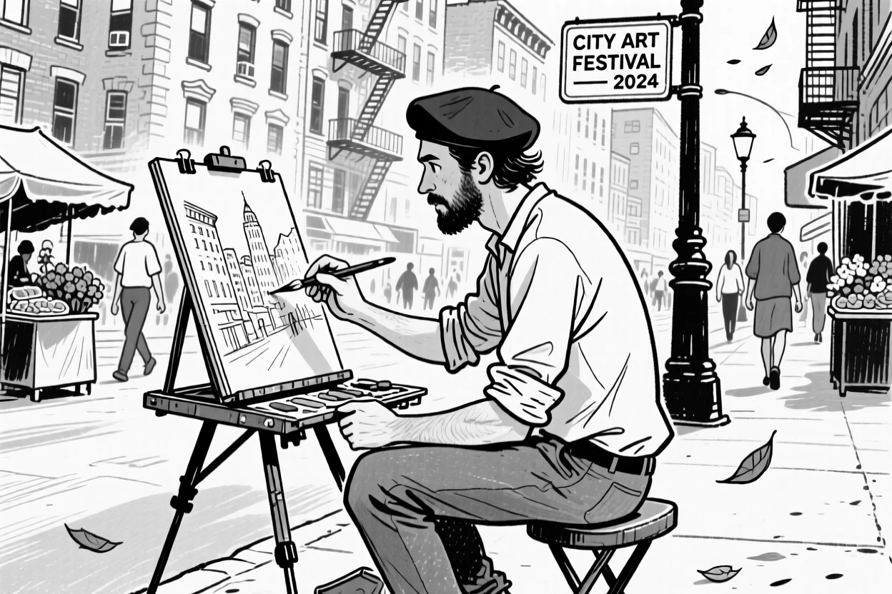 A street artist sketching a bustling city scene on a portable easel.
