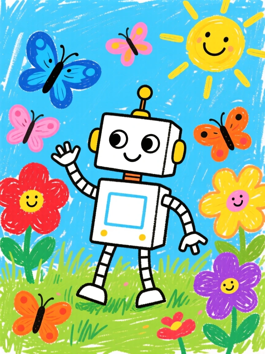 A small robot exploring a garden and greeting curious butterflies.