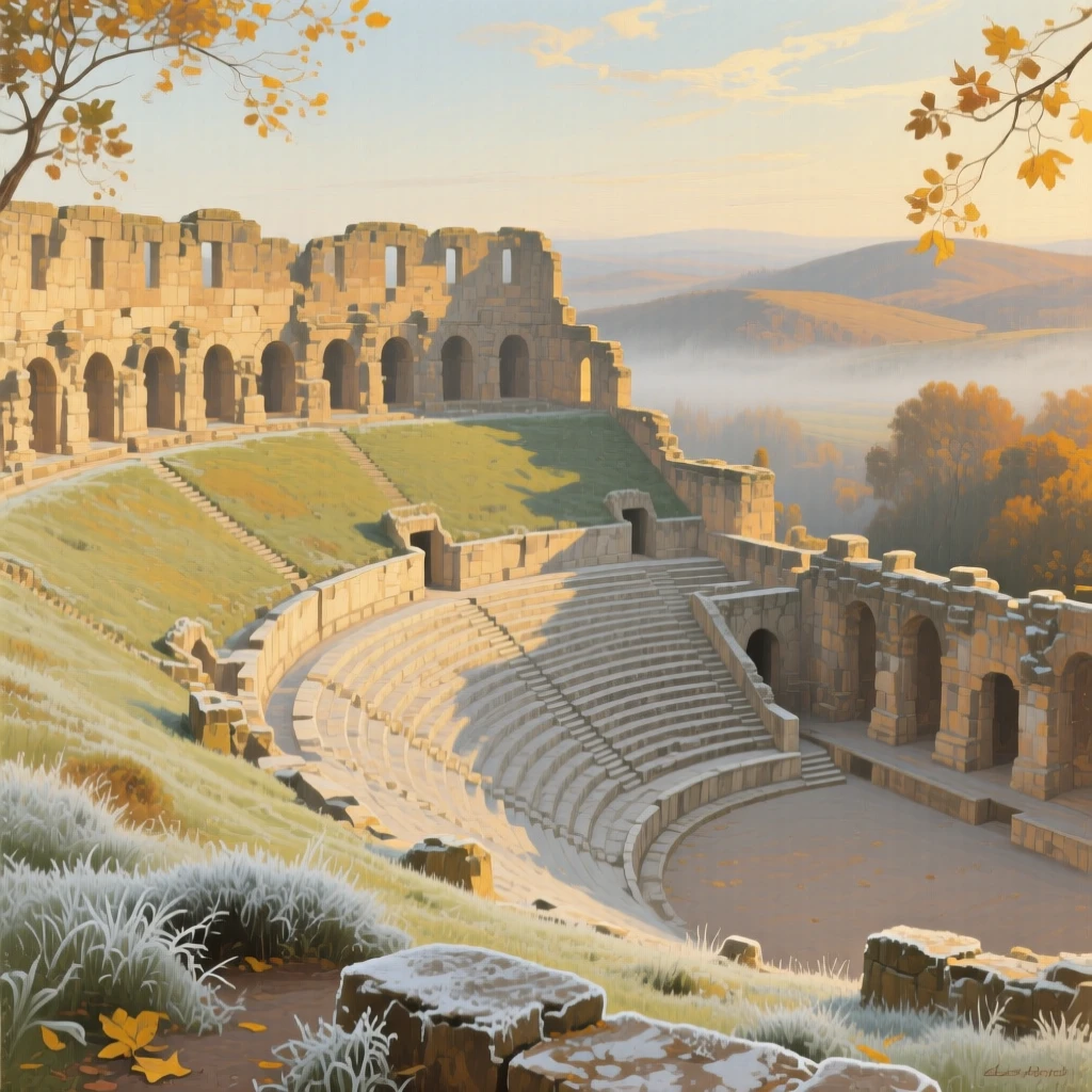 A sweeping aerial perspective of a grand ancient amphitheater bathed in golden afternoon light, during the first frost of autumn, in a soft summer breeze.