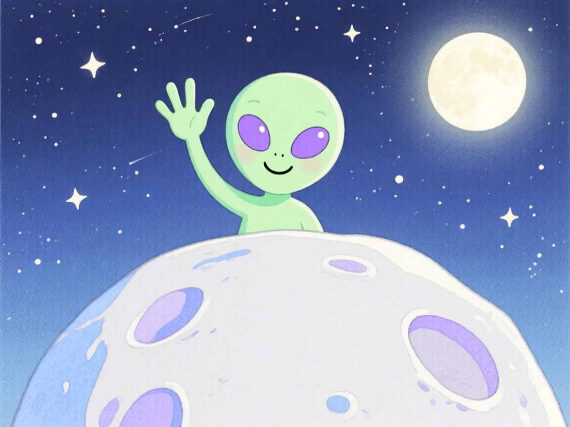 A friendly alien waving from behind a moon rock, full of wonder and discovery.
