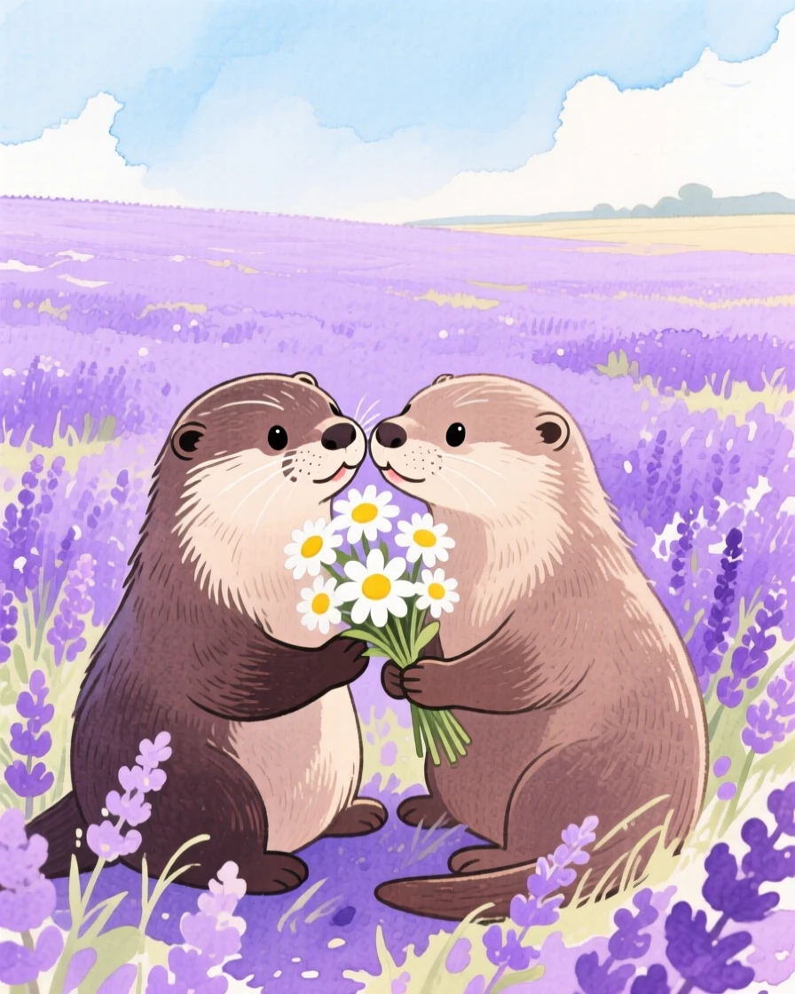 A pair of otters sniffing a bouquet of daisies, set in a lavender field stretching to the horizon, evoking warmth and gentle affection.