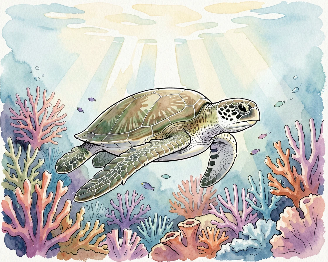A sea turtle gliding gracefully over a coral reef, sunlight filtering down through the clear water above