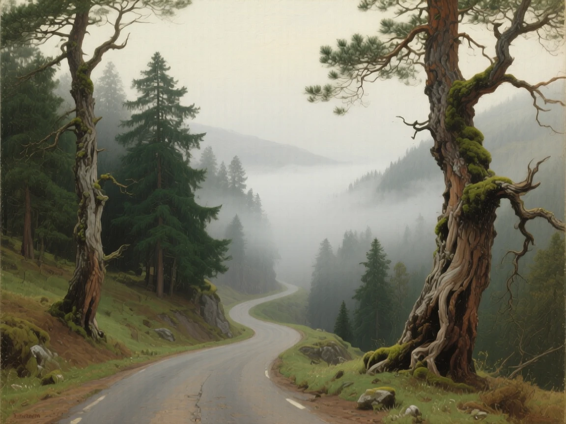 A mountain pass road winding through dense fog and pine trees, framed by ancient weathered trees on either side, evoking a profound sense of scale, silence, and wonder