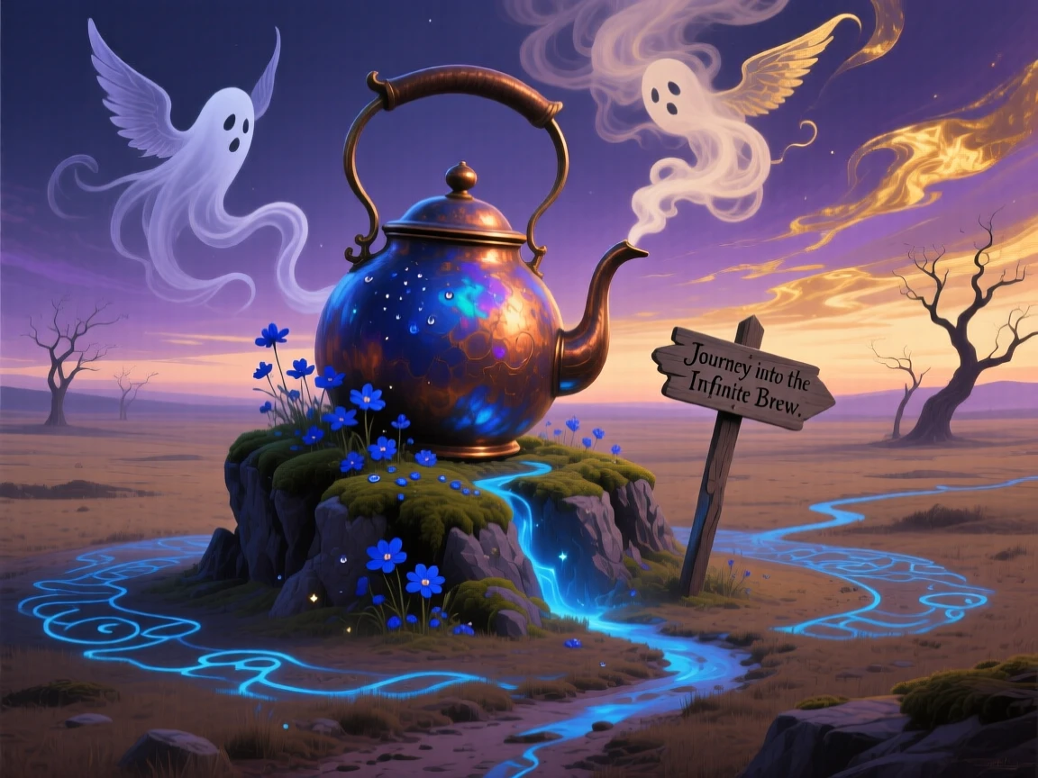 An enormous kettle steaming gently atop a small rocky island casts a long shadow across the empty countryside at dusk, while tiny paths have been worn into the ground around it.