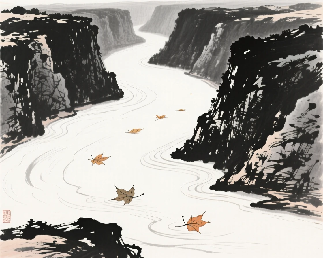 a wide river bending through a gorge, with autumn leaves drifting on the current.