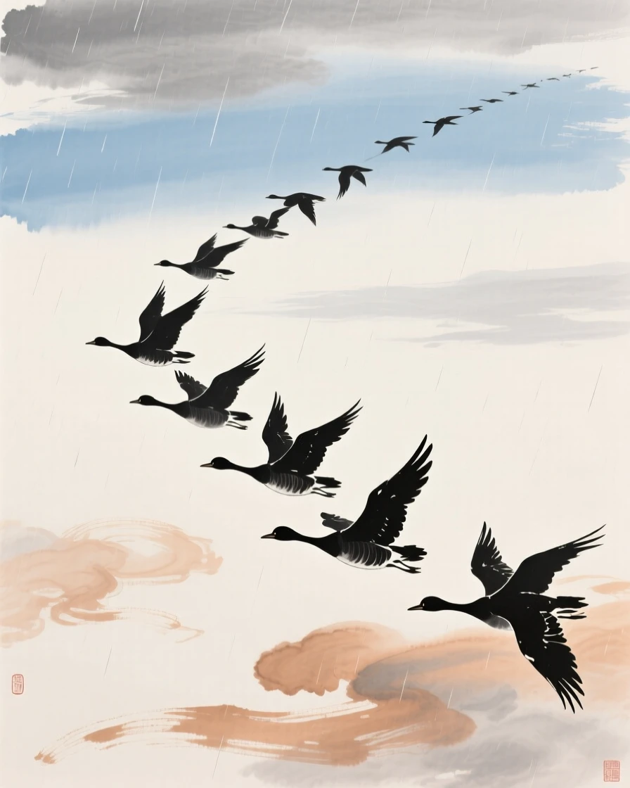 Wild geese flying in a long formation across an open sky, beneath a sky washed clean by rain, full of quiet reverence, under drifting clouds.
