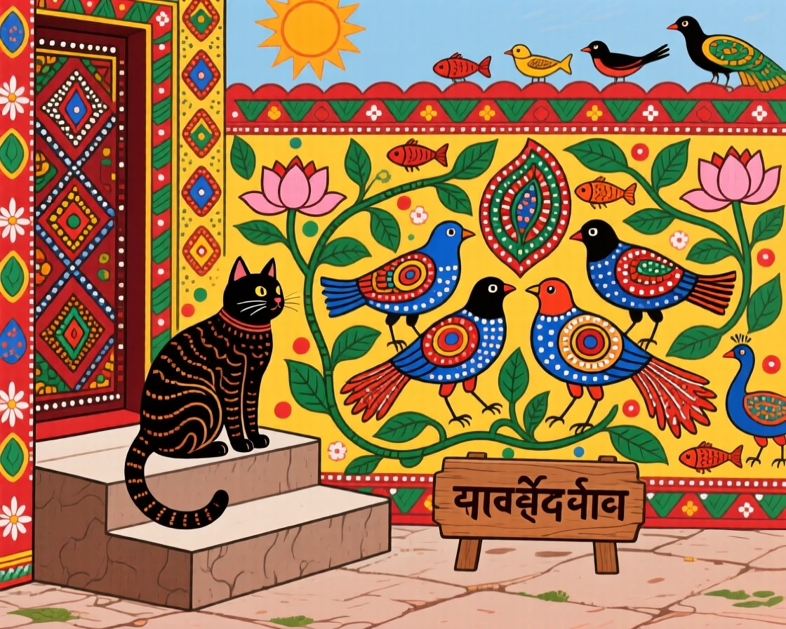 A cat watching birds from a courtyard step in the early morning.