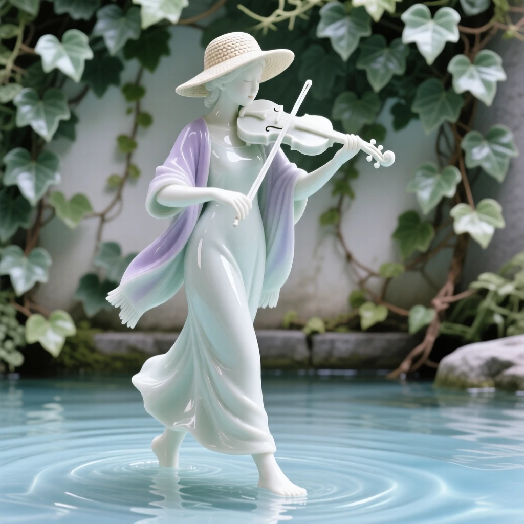 A violinist walking barefoot through shallow water, wearing a wide-brimmed sun hat and shawl, her posture calm and dignified, set against an ivy-covered garden wall.