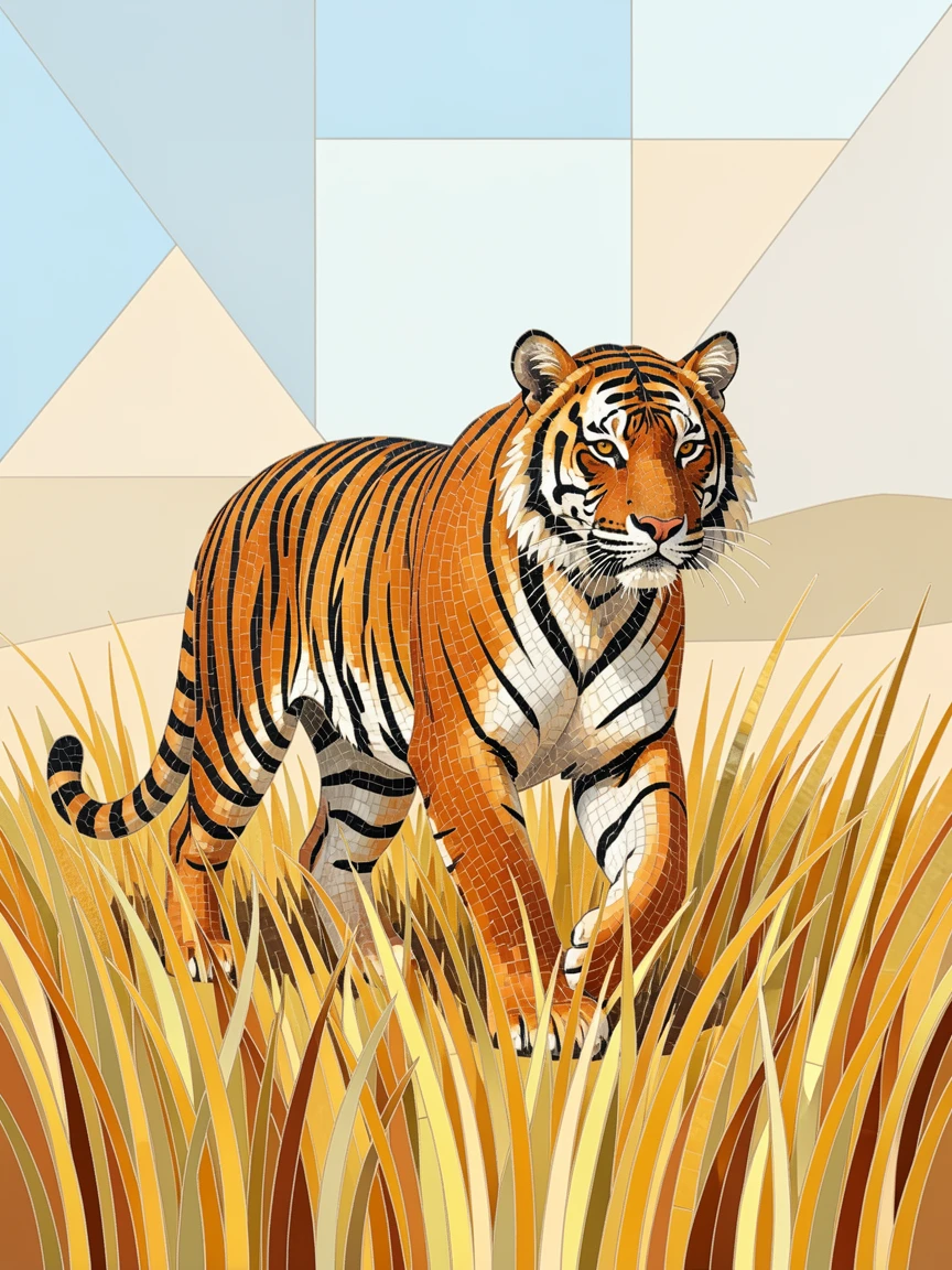 A bengal tiger walking through tall golden grass, captured in soft natural light with a shallow depth of field.