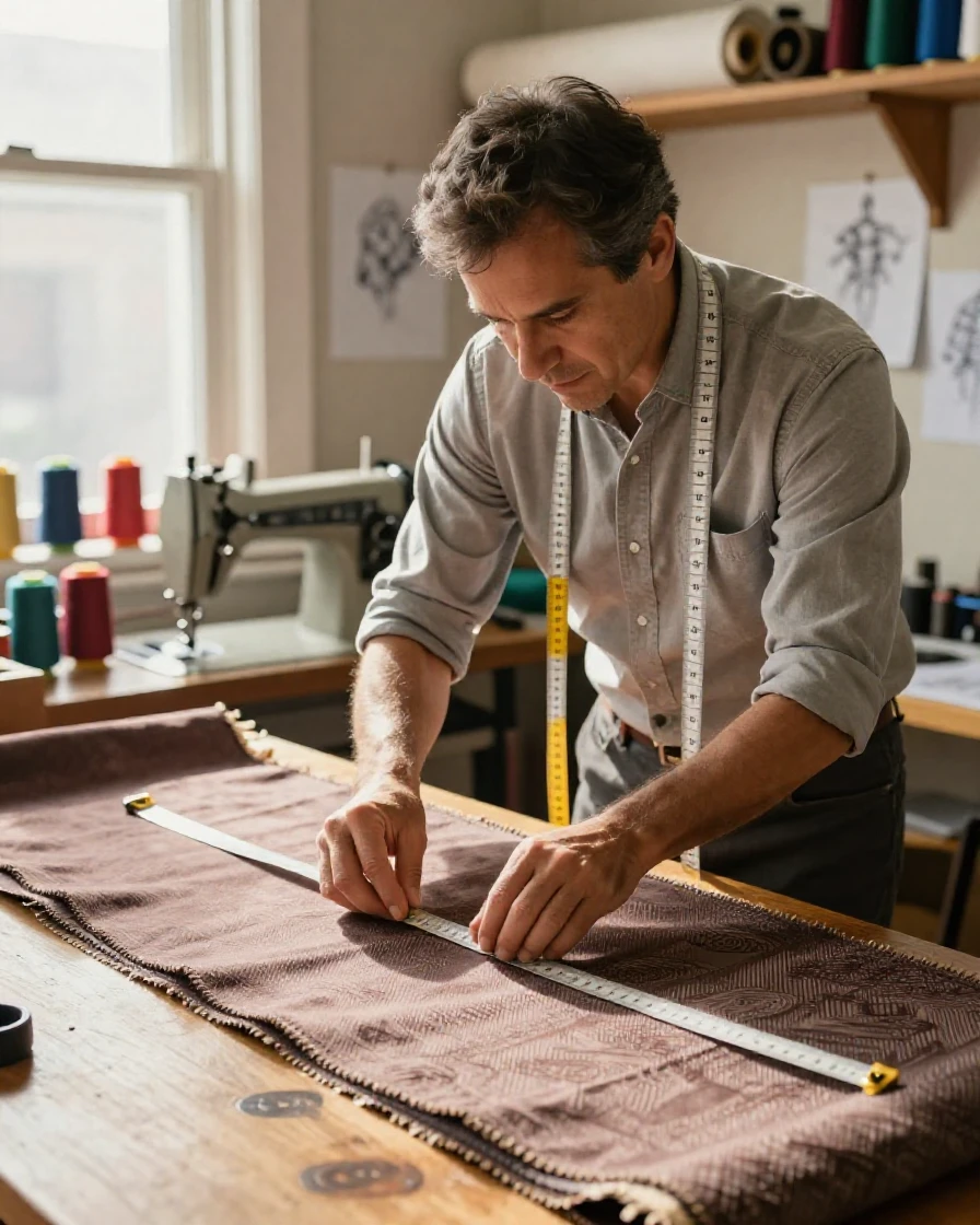 A tailor measuring fabric in a small workshop