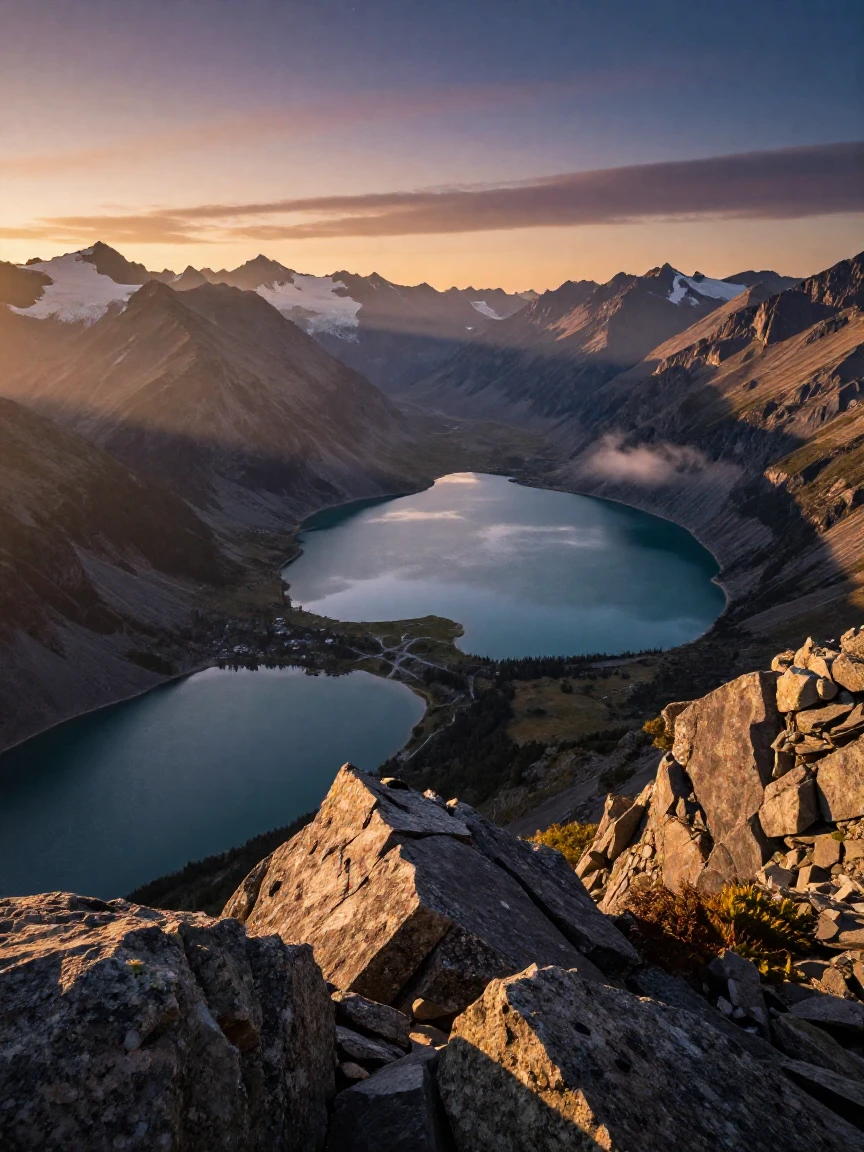 A network of glacial lakes viewed from a high mountain pass