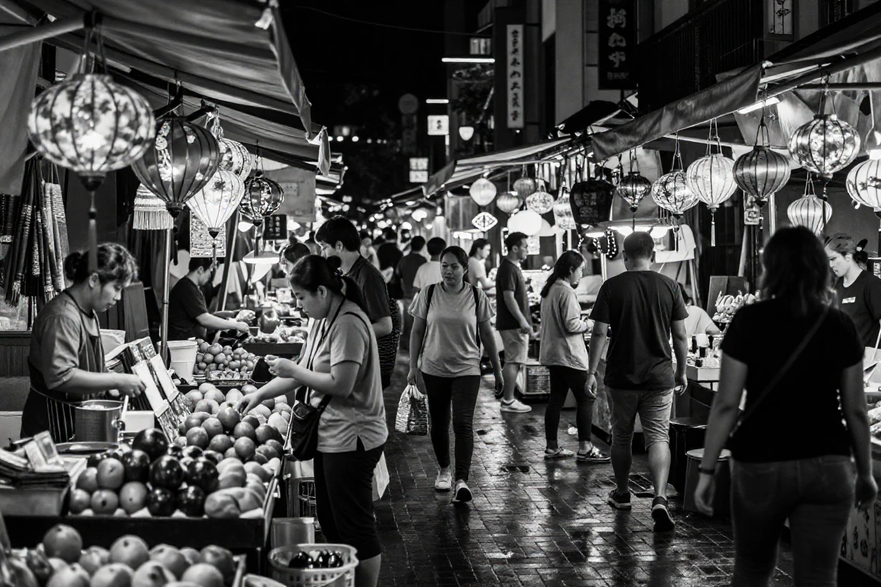 A crowded night market comes alive with vendors and lanterns in a vibrant Asian metropolis.