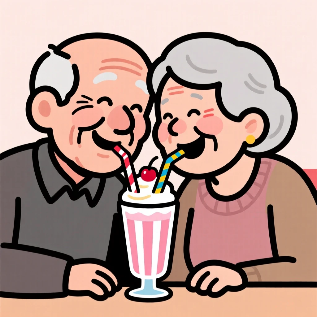 A heartwarming scene of an elderly couple sharing one milkshake with two straws, foreheads touching, eyes crinkled with decades of love.