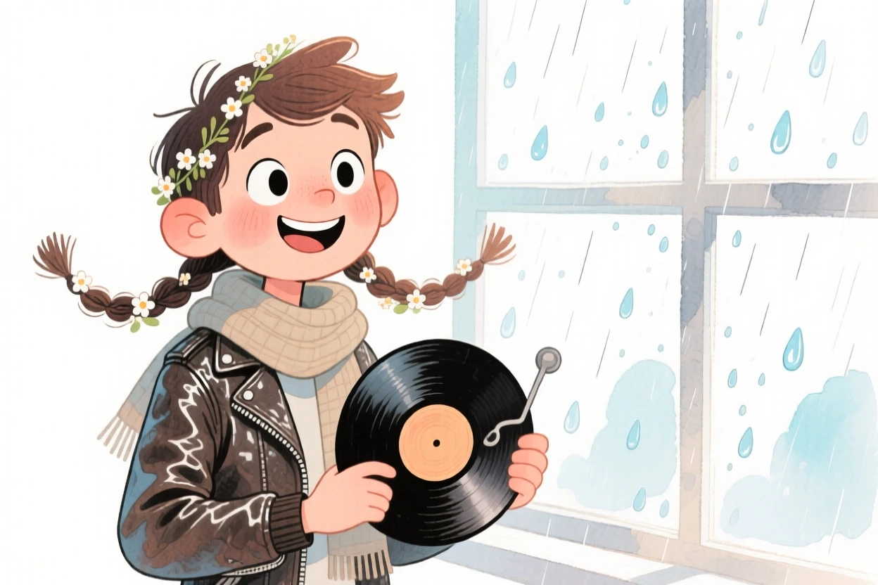 A young man with tight braids adorned with tiny flowers, smiling warmly, wearing a leather jacket with a scarf and holding a vinyl record, beside a rain-speckled window