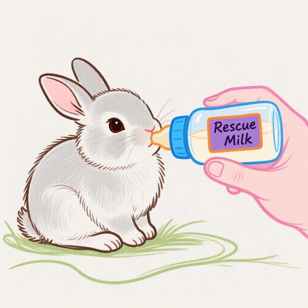 A rescued baby rabbit being bottle-fed.