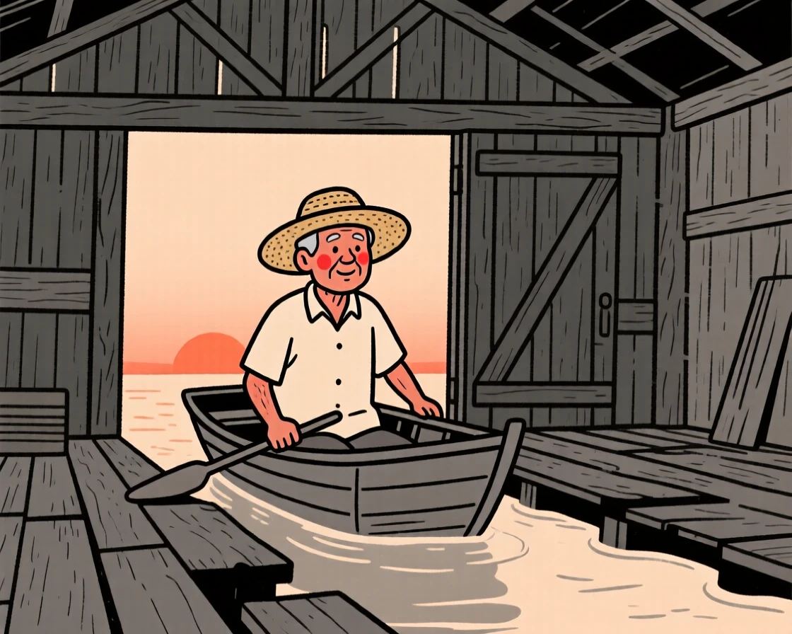 A grandfather of Filipino heritage sailing a small boat at dusk, in a rustic barn.