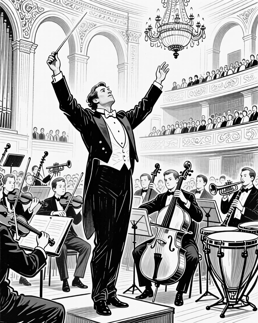 A conductor leading an orchestra with raised arms, musicians surrounding him in a grand concert hall.