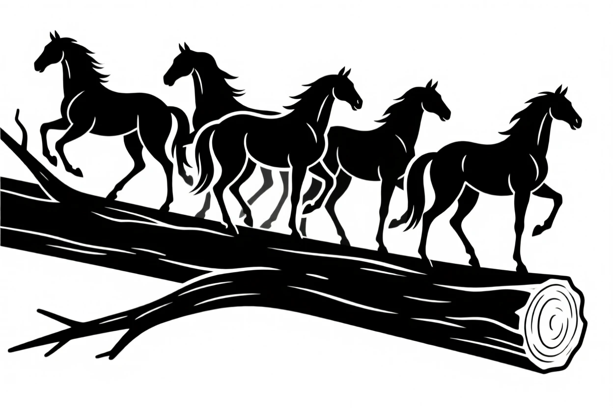 A herd of wild horses perched on a fallen log.