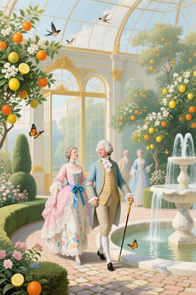 A palace conservatory filled with citrus trees, fountains, and strolling guests  