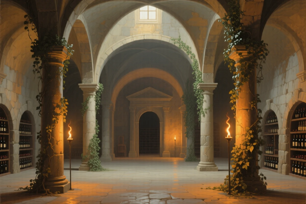 A vaulted wine cellar lit by flickering torchlight standing empty in the golden hush of late afternoon, set within a palace built for generations of nobility, with climbing ivy softening the edges of ancient stonework; strong vertical lines of columns lead the eye upward toward the light, capturing the serene majesty of a space built to inspire awe.