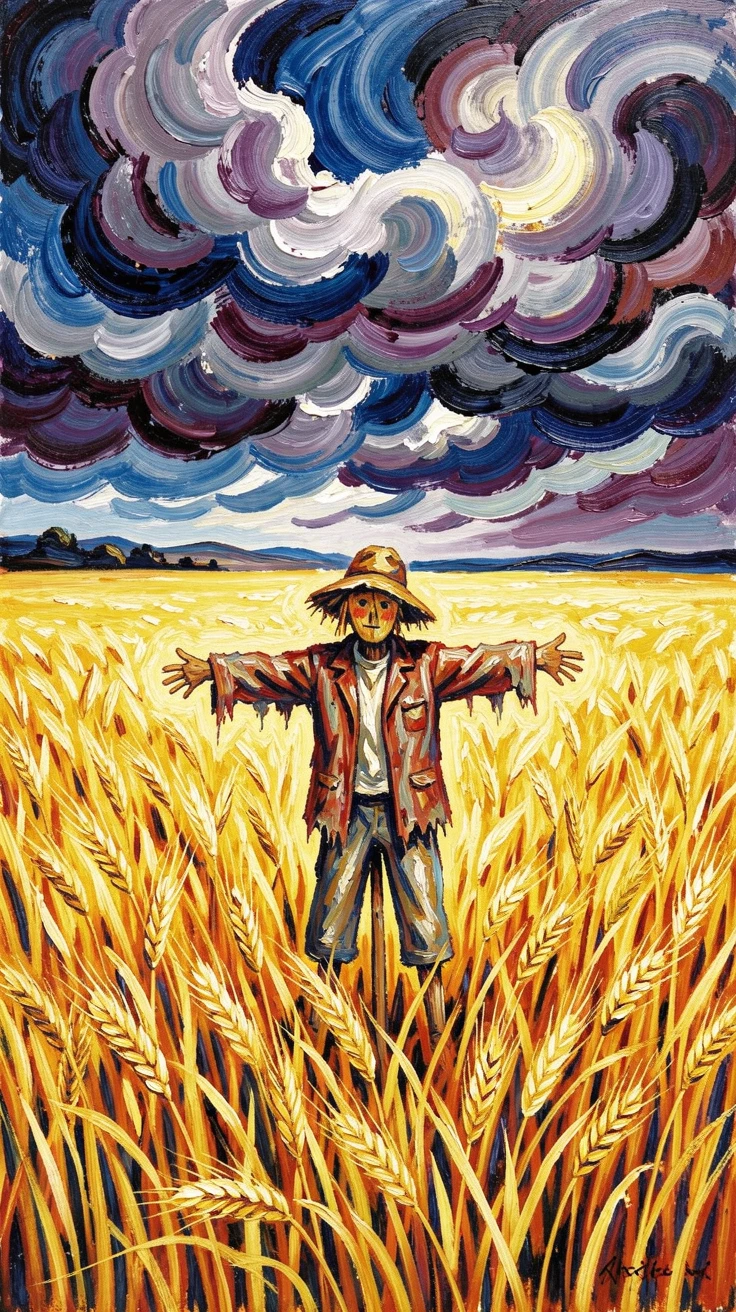 A vast wheat field under a dramatic sky, a single scarecrow standing watch.