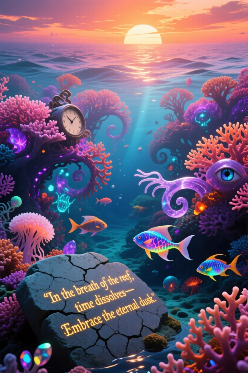 A coral reef glowing with colors that shift like a slow sunset seems to breathe slowly in and out with the wind, as soft light pools in every hollow and crevice.