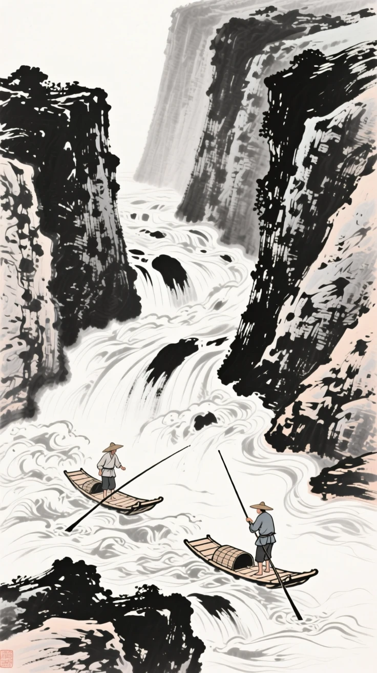 a rushing torrent cutting through a rocky canyon, with fishermen poling small rafts along its banks.