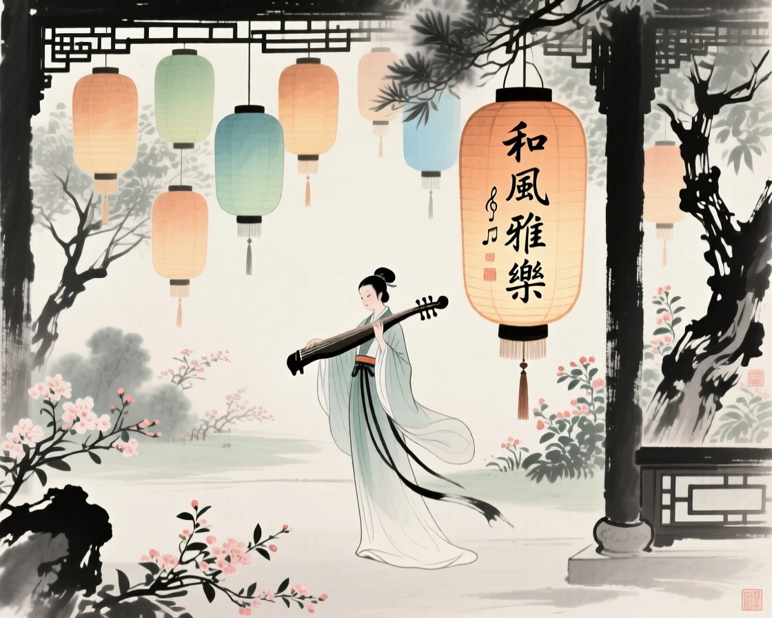 A court musician performing beneath painted lanterns in a palace garden, conveying a deep sense of harmony with nature, in a warm breeze carrying the scent of blossoms.