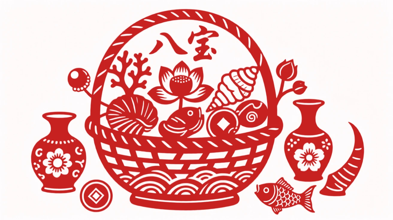 A basket overflowing with the eight treasures, each object symbolizing a different blessing of fortune
