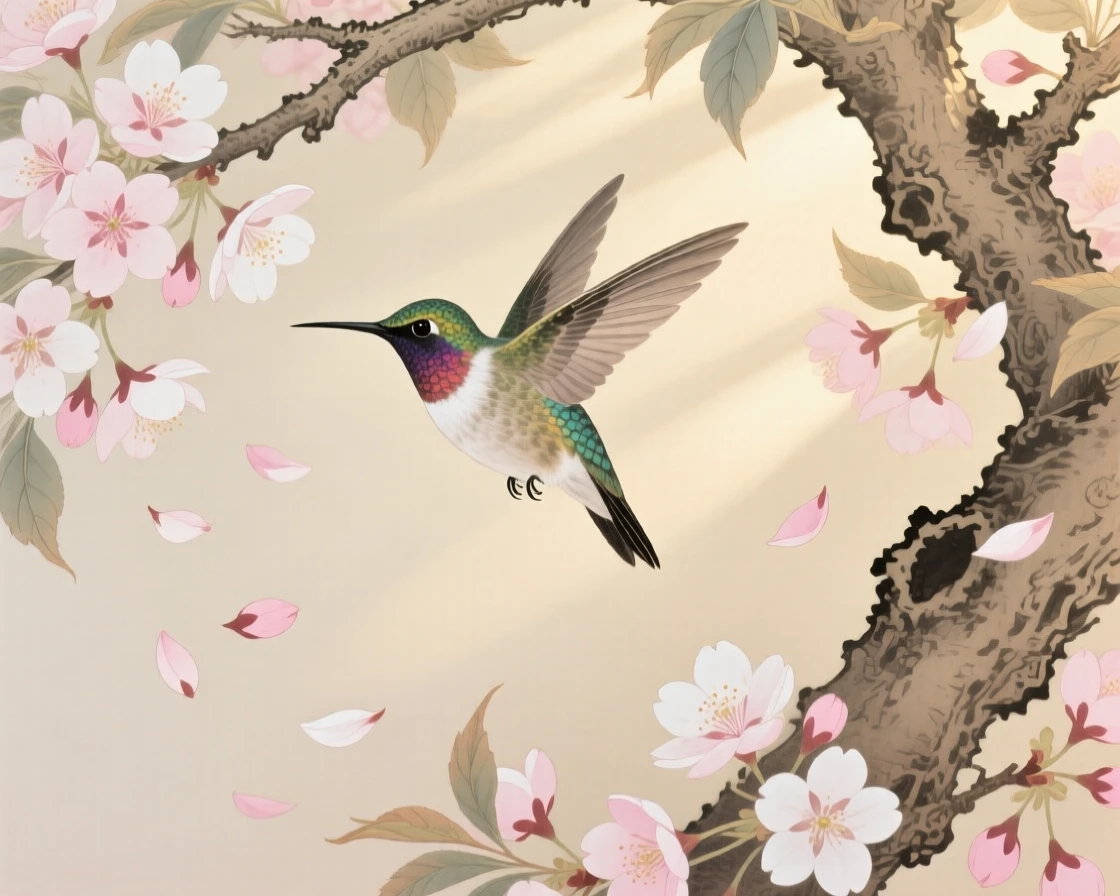 A hummingbird surrounded by falling cherry blossom petals, soft morning light filtering through the branches