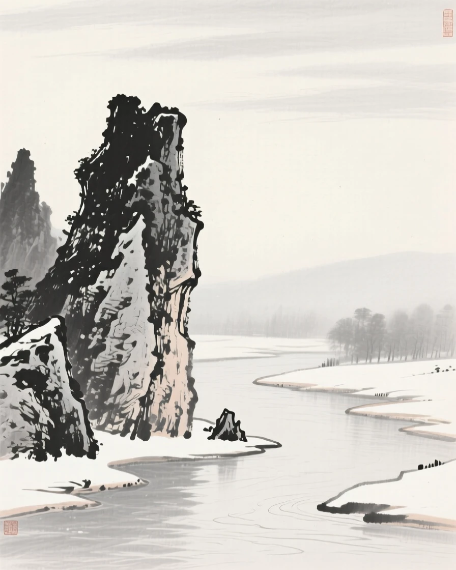 A jagged limestone karst formation rising from a river bend under a pale winter sky heavy with unfallen snow, seen from across the water, the far shore reduced to soft silhouette, evoking a deep sense of solitude and quiet grandeur.