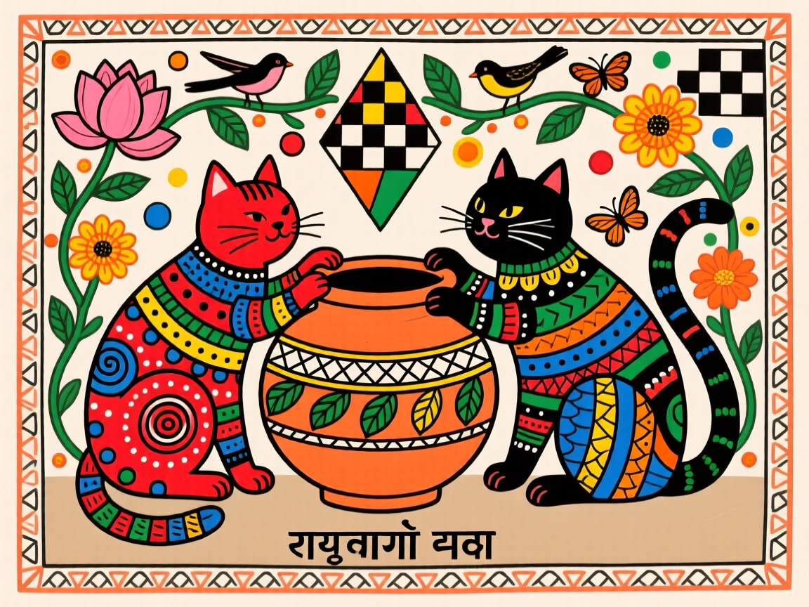 Two cats grooming each other beside a clay water pot.